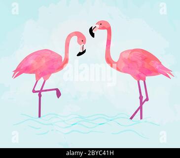 Coppia di fenicotteri rosa su sfondo blu Illustrazione Vettoriale