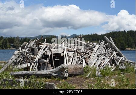 Una struttura di riparo costruita in driftwood siede sulla costa nel parco di Whiffin Spit a Sooke, British Columbia, Canada sull'isola di Vancouver sotto lar Foto Stock