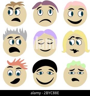 Set di personaggi emoji divertenti e doodle fatti a mano Illustrazione Vettoriale