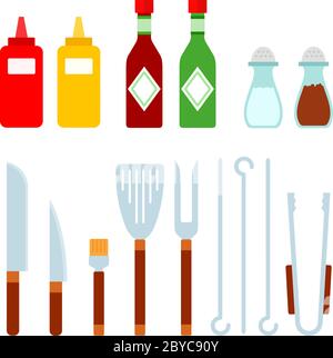 Salse e spezie per barbecue e utensili da barbecue in piano isolato Illustrazione Vettoriale