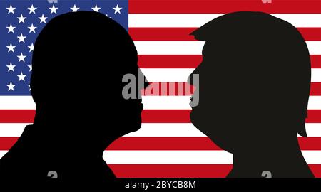 Joe Biden vs Donald Trump ritratti sulla bandiera, elezioni americane 2020, illustrazione vettoriale Illustrazione Vettoriale