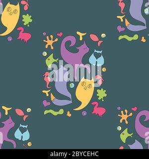 bambini divertente doodle modello senza giunture con figurine di animali e pesci Illustrazione Vettoriale