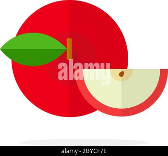 Mela rossa con una foglia e un pezzo di mela vista dall'alto piatto isolato Illustrazione Vettoriale