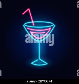 Cocktail al neon. Segno di moda. Cartello con luce notturna, banner luminoso. Emblema estivo. Logo Club Bar su sfondo scuro. Bevanda alcolica con ombrello in Illustrazione Vettoriale