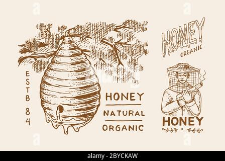 Miele e api. Uomo di apicoltore e nido d'ape. Logo vintage per tipografia, negozio o cartelloni. Badge per t-shirt. Schizzo di incisione disegnato a mano. Vettore Illustrazione Vettoriale