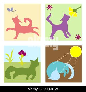 Estate divertenti gatti. Stile doodle annegato a mano. Per biglietti d'auguri, stampe di t-shirt, striscioni e design di elementi Illustrazione Vettoriale