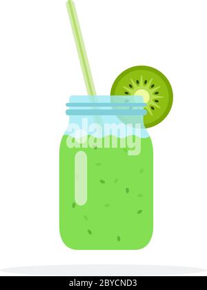Frullati di kiwi in un vaso di vetro con cannucce e una fetta di kiwi piatta isolato Illustrazione Vettoriale