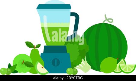 Set di frutta e verdura verde. Frullato verde in un frullatore piatto isolato Illustrazione Vettoriale