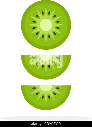 Pezzo rotondo di kiwi e due cunei di kiwi vettore piatto isolato Illustrazione Vettoriale