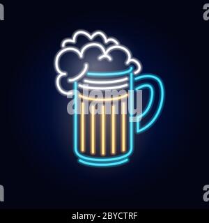 Birra al neon in vetro. Segno di moda. Cartello con luce notturna, banner luminoso. Emblema estivo. Logo Club Bar su sfondo scuro. Tazza di bevanda alcolica Illustrazione Vettoriale