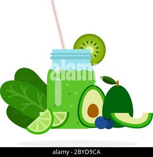 Cocktail vitaminico in un vaso con padelle di verdure verdi e frutta piatta isolato Illustrazione Vettoriale