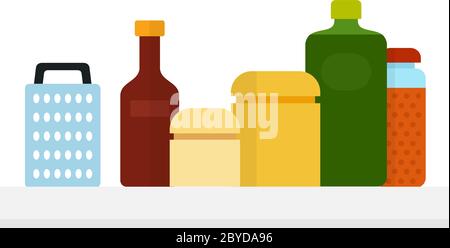 Vasetti da cucina, una bottiglia di olio, un grattugia, una bottiglia di salsa di soia su un ripiano isolato Illustrazione Vettoriale