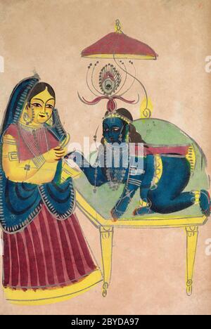 Baby Krishna chiedendo burro da Yashoda, 1800, indiano e sud-est asiatico Arte Foto Stock