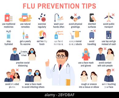 Influenza, raffreddore comune, elementi infografici del coronavirus. Prevenzione dell'influenza, trattamento. Set di icone di medicina preventiva. Donna che starnutisce infetta. Informazioni Illustrazione Vettoriale