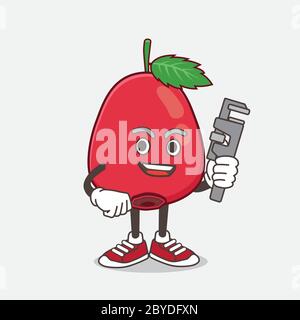 Un'illustrazione del carattere mascotte di cartone animato Rose Hip Fruit come idraulico felice Illustrazione Vettoriale