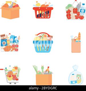 cestini e prodotti alimentari icona su sfondo bianco, stile dettagliato, illustrazione vettoriale Illustrazione Vettoriale