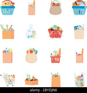 borse eco e borse supermercato con icona del cibo su sfondo bianco, stile dettagliato, illustrazione vettoriale Illustrazione Vettoriale