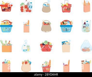 cestini e borse da supermercato icona su sfondo bianco, stile dettagliato, illustrazione vettoriale Illustrazione Vettoriale