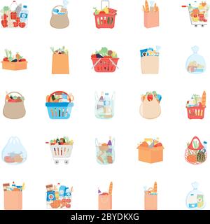 borse e cestini con icona prodotti alimentari su sfondo bianco, stile dettagliato, illustrazione vettoriale Illustrazione Vettoriale