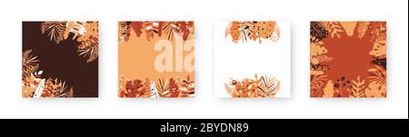 Set di foglie d'autunno colorate e bacche cornice quadrata. Motivo decorativo con casella di testo spazio. Sfondo diverso con foglia da giardino autunnale gialla, arancione per cartolina di disegno. Illustrazione vettoriale Illustrazione Vettoriale