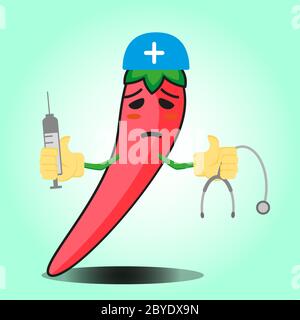 Carino messicano chili medico cartoon personaggio con cappello, sthethoskop e siringa design Illustrazione Vettoriale