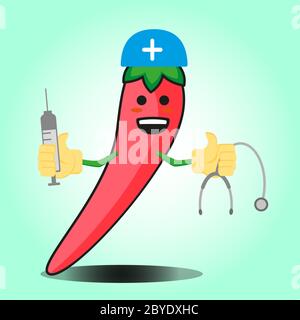 Carino messicano chili medico cartoon personaggio con cappello, sthethoskop e siringa design Illustrazione Vettoriale