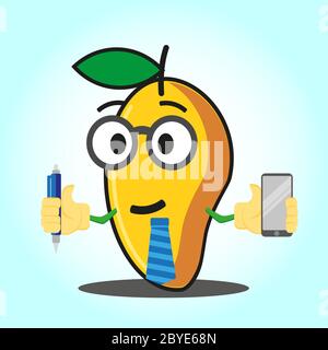 Carino mango bussines cartoon personaggio con penna, cravatta e smartphone immagine di design Illustrazione Vettoriale