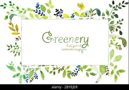 Disegno di verde dipinto a mano di acquerello. Disegno vettoriale per invito, matrimonio, salvare la data, poster, biglietto di auguri, cornice di spazio di testo. Illustrazione Vettoriale