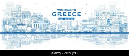 Profilo Benvenuti in Grecia City Skyline con edifici blu e riflessi. Illustrazione vettoriale. Architettura storica. Illustrazione Vettoriale