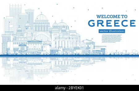 Profilo Benvenuti in Grecia City Skyline con edifici blu e riflessi. Illustrazione vettoriale. Architettura storica. Illustrazione Vettoriale