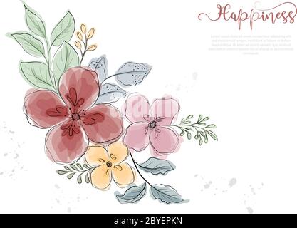 Fiori carini disegnati a mano con linea nera e stile acquerello. Vettore isolato uso per il design, biglietto d'auguri, banner natura, sfondo floreale. Illustrazione Vettoriale