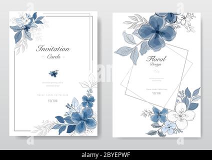 Collezione di carta fiore blu acquerello. Biglietto d'auguri floreale decorativo, sfondo di un progetto di matrimonio o invito. - vettore Illustrazione Vettoriale