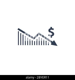 icona di riduzione del dollaro. Simbolo di denaro con freccia che si allunga verso il basso caduta. Icona di riduzione dei costi aziendali. Illustrazione vettoriale. Illustrazione Vettoriale