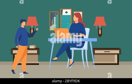 coppia lavora a casa su un computer portatile Illustrazione Vettoriale