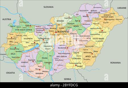 Ungheria - Mappa politica modificabile e molto dettagliata con etichettatura. Illustrazione Vettoriale
