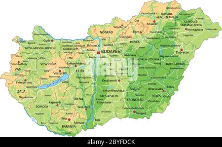 Mappa fisica Ungheria dettagliata con etichettatura. Illustrazione Vettoriale