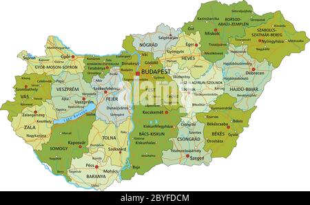 Mappa politica modificabile con livelli separati e molto dettagliata. Ungheria. Illustrazione Vettoriale