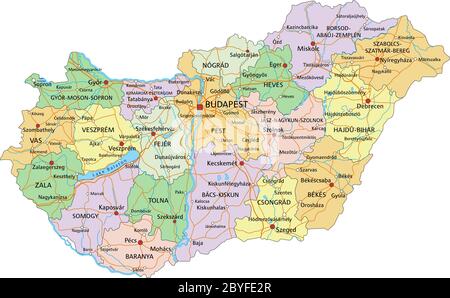 Ungheria - Mappa politica modificabile e molto dettagliata con etichettatura. Illustrazione Vettoriale