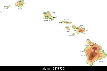 Mappa fisica delle Hawaii con dettagli elevati e etichettatura. Illustrazione Vettoriale