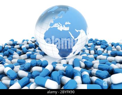 Globo mondiale con pillole di farmaci e capsule isolate su sfondo bianco Foto Stock