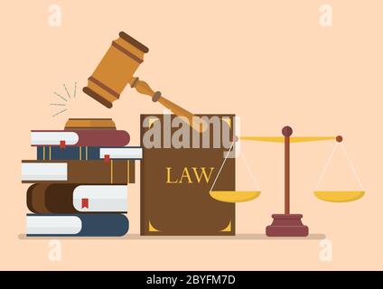 Concetto di diritto e giustizia. Scale di giustizia, gavel e libro. Illustrazione vettoriale Illustrazione Vettoriale