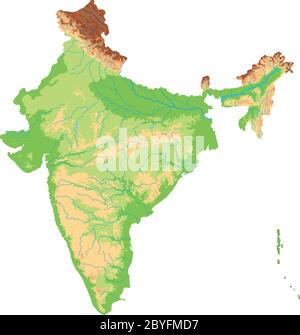 Mappa fisica dell'India dettagliata. Illustrazione Vettoriale