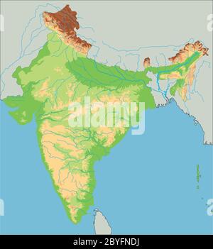 Mappa fisica dell'India dettagliata. Illustrazione Vettoriale