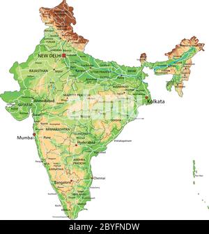 Mappa fisica dell'India con etichettatura. Illustrazione Vettoriale