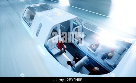 autobus futuristico con gente che guida veloce in galleria sci fi, coridor. Concetto di futuro. rendering 3d. Foto Stock