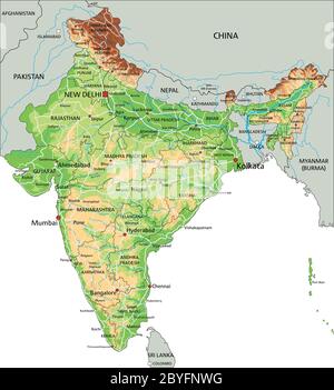 Mappa fisica dell'India con etichettatura. Illustrazione Vettoriale