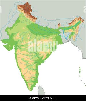 Mappa fisica dell'India dettagliata. Illustrazione Vettoriale