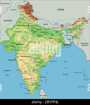 Mappa fisica dell'India con etichettatura. Illustrazione Vettoriale