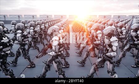 invasione di robot militari. Concetto drammatico di apocalisse super realistico. Futuro. rendering 3d. Foto Stock