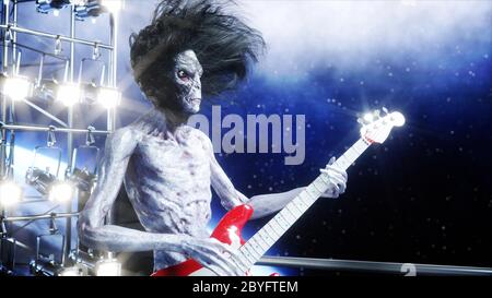Festa aliena rock sulla nave spaziale. Concerto. Chitarra, basso e drum play. Sfondo di terra. Concetto divertente alieno. rendering 3d. Foto Stock